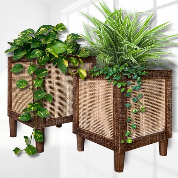 Autumn Alley Rustic Boho Large Planter - Rattan Cane Planter BoxeS Set of 2 – Wooden Indoor or Outdoor Planter Box Stands