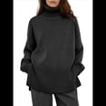 thumbnail image 3 of Suéter de Punto Holgado e Informal con Aberturas para Mujer, de Color Liso, con Cuello Alto, para Otoño e Invierno. Negro L, 3 of 10