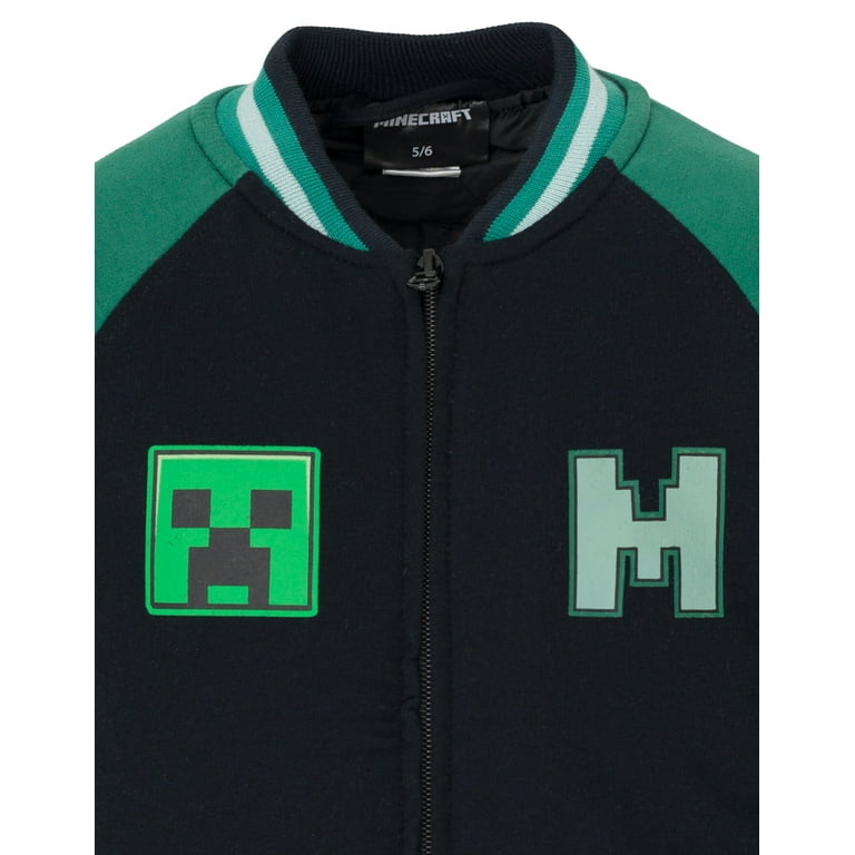 Minecraft Creeper Bomber Jacket: Boys Black Varsity Style Zip Up