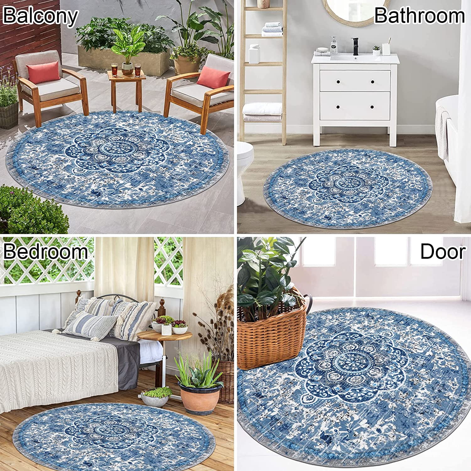 Findosom 4'x4'Round Area Rug,Non Slip Washable Round Rug Boho Area Rug for Living Room,Bedroom,Home Decor,Office,Dining Room, Blue
