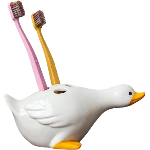 Duck Ceramic Toothbrush Holder - 7" Bathroom Organizer with 4 Slots, Cute Animal Desk Decor for Countertop Sink (White)