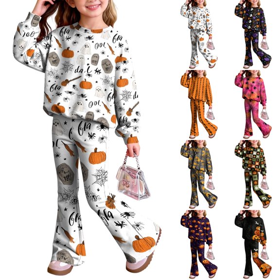 Halloween 2 Piece Set For Girls Light Weight Long Sleeve Sweatshirt Vibrant Tombstone Slogan Motif Stretchy Flare Pants Sweatsuit