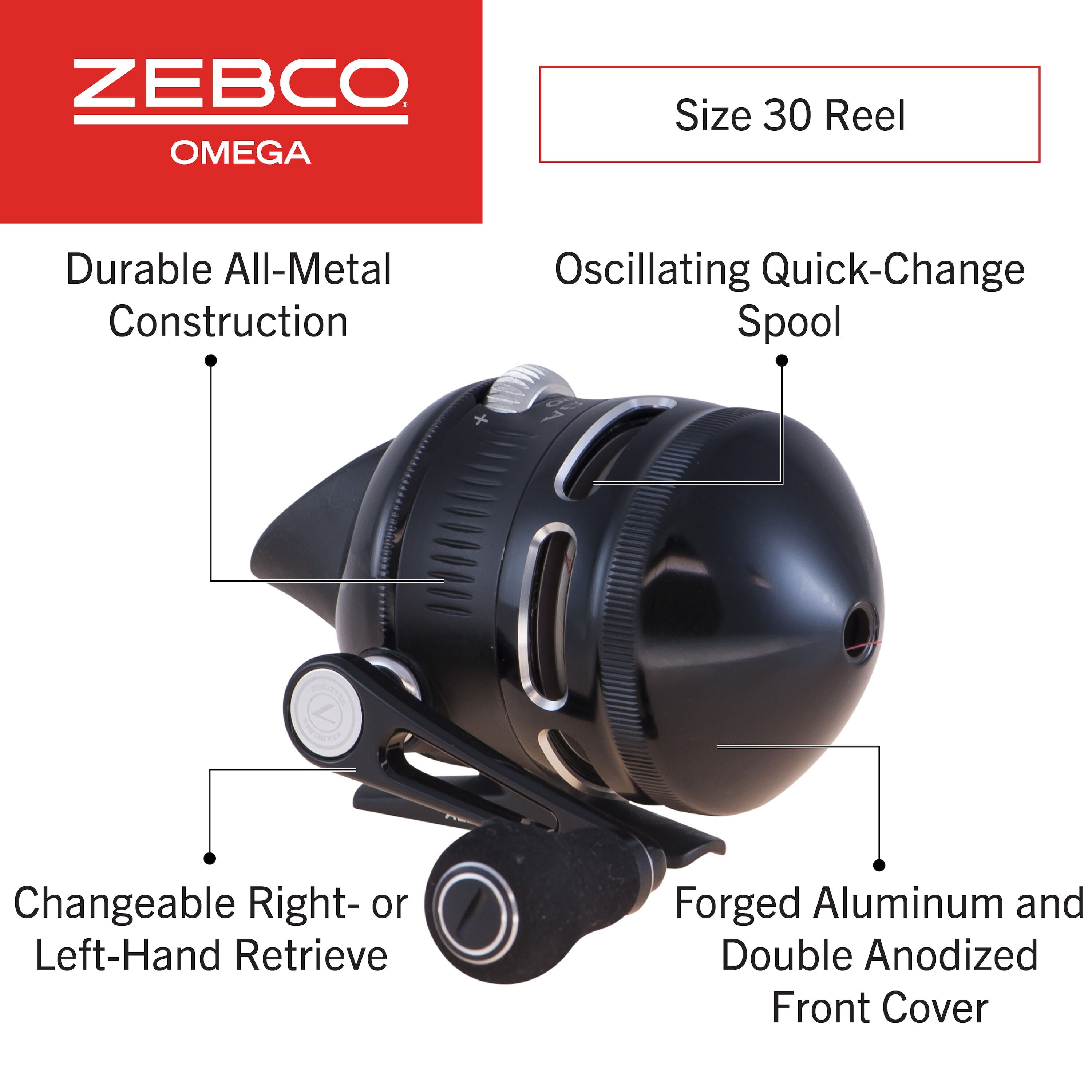 Zebco Omega Pro Spincast Fishing Reel, Size 30 Reel, Changeable Right or  Left-Hand Retrieve, Includes a Spare Spool and an Extra Dual-Paddle Handle,  Aluminum and Double Anodized Front Cover, Black 