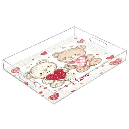 

WOBOGO Valentine Teddy Bear Acrylic Serving Trays 15.7x11.8 Inch Spill Proof Clear Decorative Organizer with Handle