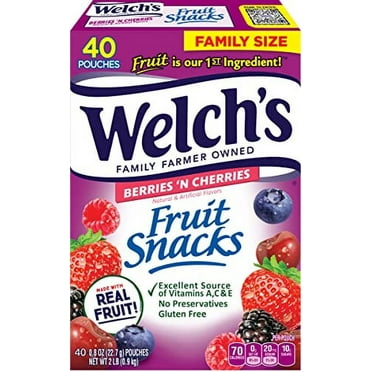 Welch's Fruit Snacks, Berries 'N Cherries, Gluten Free, Bulk Pack,Individual Single Serve Bags, 0.8 oz (Pack of 40)