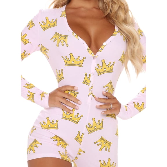 LMLYSoH Women's Sexy High Waist Playsuit, Casual Pattern Printing Romper, Long Sleeve Short Pants Home Clothing