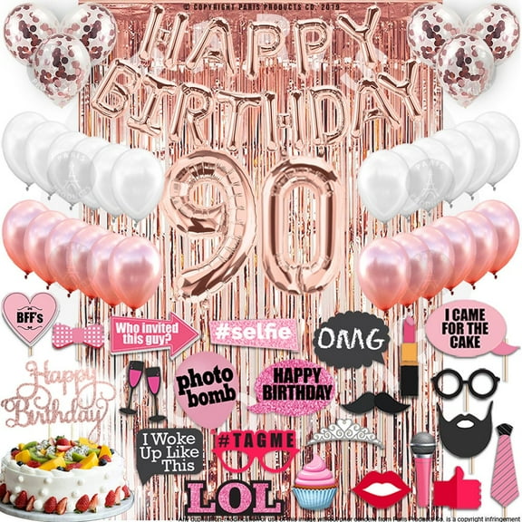 90th Birthday Decoration Rose Gold, 90 Party Supplies Decoration, 90th Sash, 90 Cake Topper, 90th Photo Props, confetti Balloons, Curtain