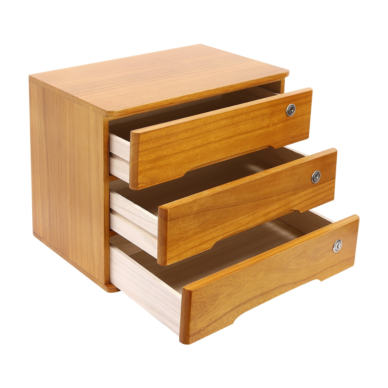 3-Tier Storage Cabinet with Lockable Drawers, Tung Wood Desk Organizer, Desktop Storage Box