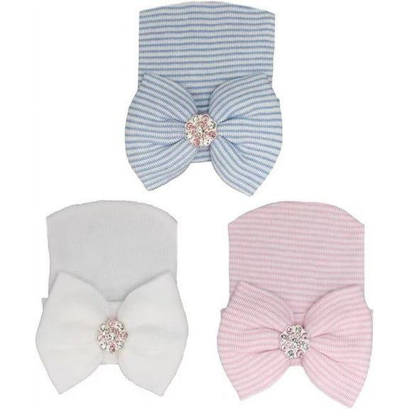 Newborn Hospital Hat Infant Baby Hat Cap with Big Bow Soft Cute Knot Nursery Beanie 3 Pack Bow Knit