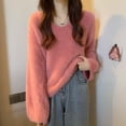 thumbnail image 1 of Suéter de punto elegante de estilo suave para mujer, ropa de invierno, suéter de cuello en V suave y encerado, top holgado de pelo de visón, 1 of 6