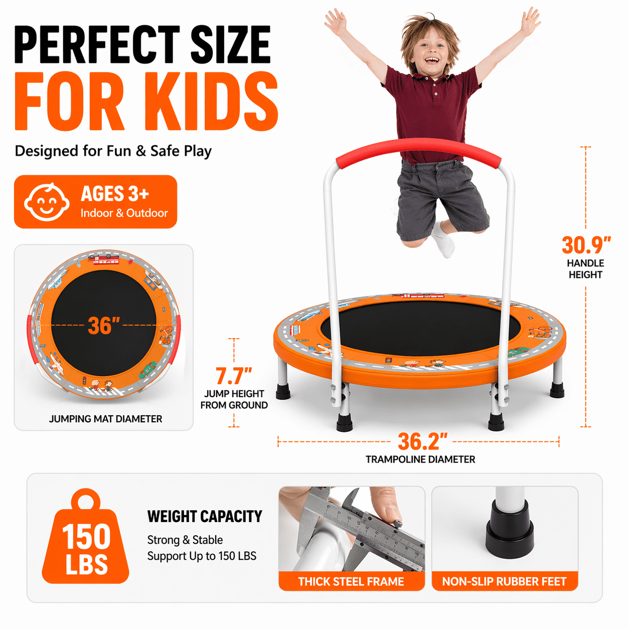 Witaxima 36" Mini Trampoline with Handle for Kids Ages 1-6, 150 lbs Max Capacity, No-Gap Safety Design with Upgraded Anti-Rollover Handle, Indoor Outdoor Bungee Toddler Trampoline, Fun Print, Orange