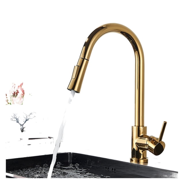 Brushed Gold Pull Out Kitchen Faucets 360 Rotation Kitchen Mixer Tap Single Lever Mixer Tap Kitchen Sink Cold Hot Water Tap ,Effortless Installation