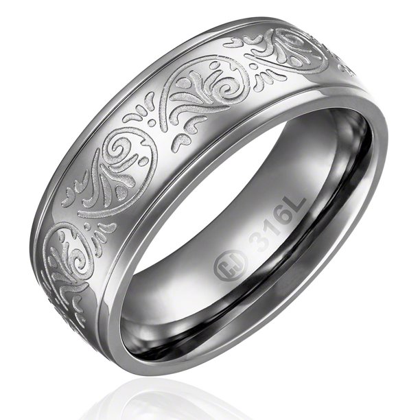 Mens Wedding Band in Stainless Steel 8MM Classic Domed Ring with Carved ...