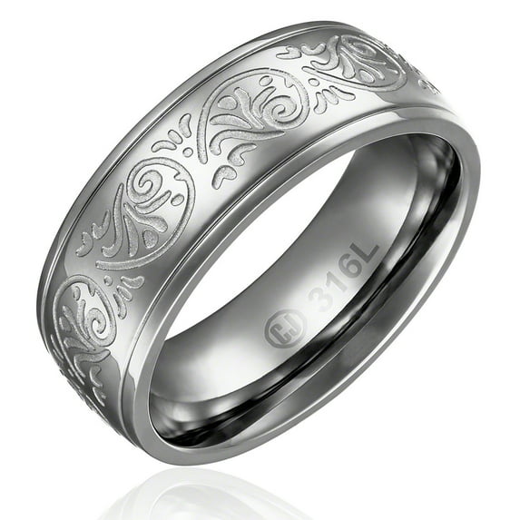 Mens Wedding Band in Stainless Steel 8MM Classic Domed Ring with Carved Florentine Design