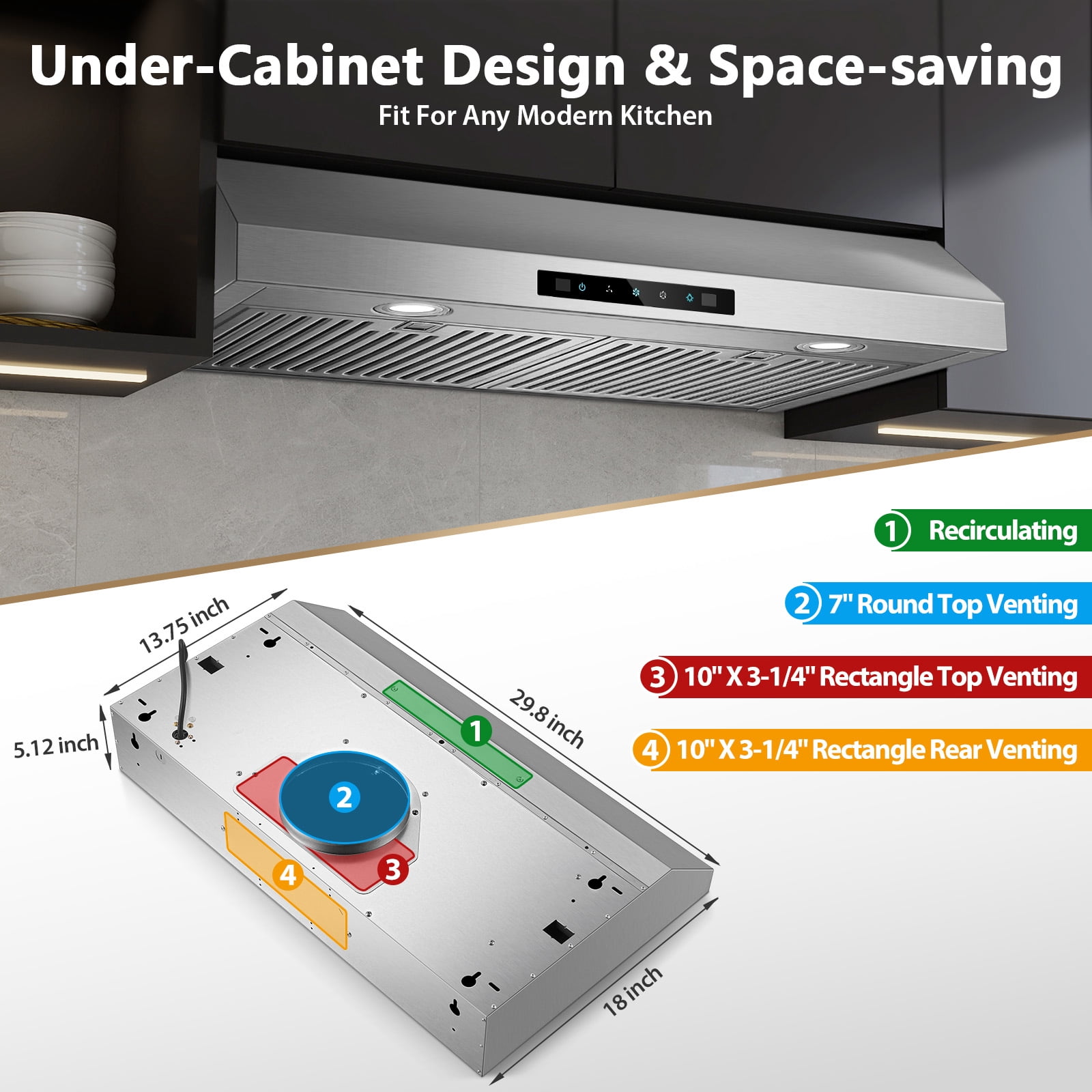 Zomagas 30" Stainless Steel Under Cabinet Range Hood: 800 CFM, Gesture & Touch, Ducted/Ductless