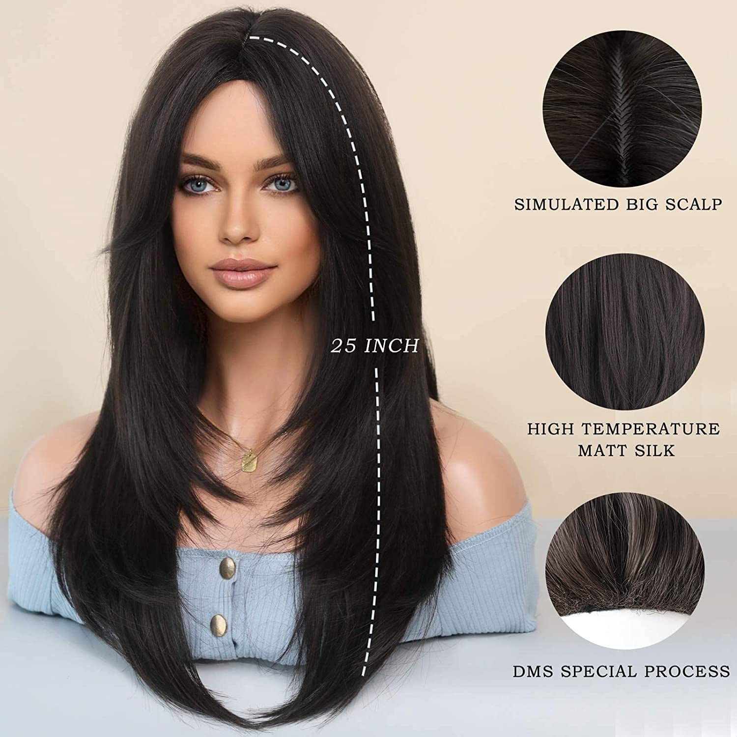 Mictong long natural black wig with bangs, women's straight hair wig, heat-resistant multi-layer wig, suitable for daily use, black, 1 piece