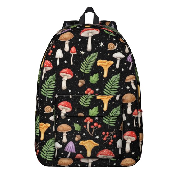 Mushroom and Fern Black Pattern Backpack for School, Cute School Bag with Adjustable Shoulder Straps and Padded Back, 15.7"x11.8"x5.5"