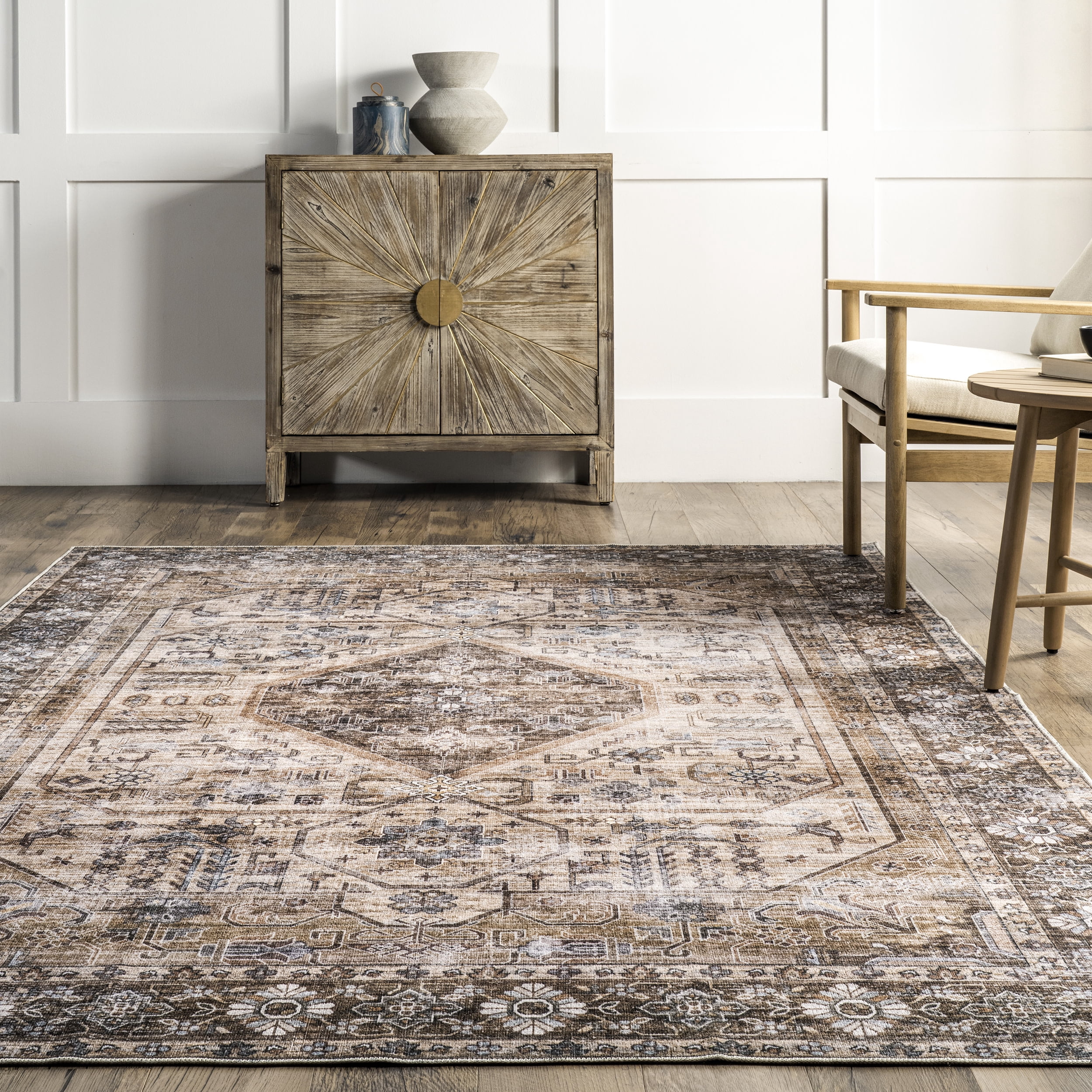 nuLOOM Devin Machine Washable Vintage Medallion Area Rug, 8' x 10', Light Brown