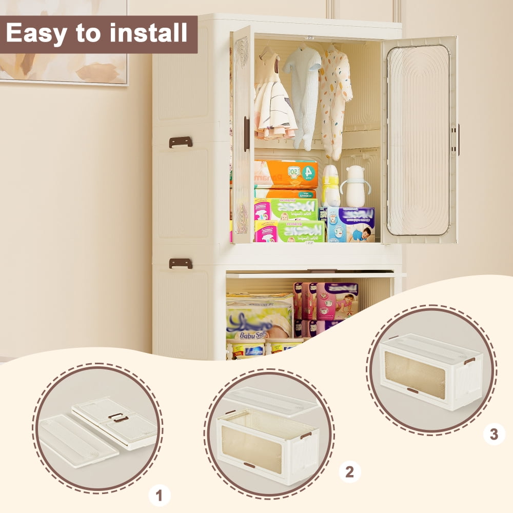 Portable Wardrobe Closet with Magnetic Doors, 4 Cubes & Hanging Rod, Storage Organizer for Clothes, 10 Hangers Included, White