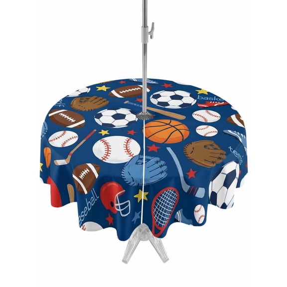 Outdoor Tablecloth with Umbrella Hole for Patio/Picnic/Party/Camping, Ball Sports Waterproof Table Cloth Round Cover Washable, Navy Blue (Dia 54")