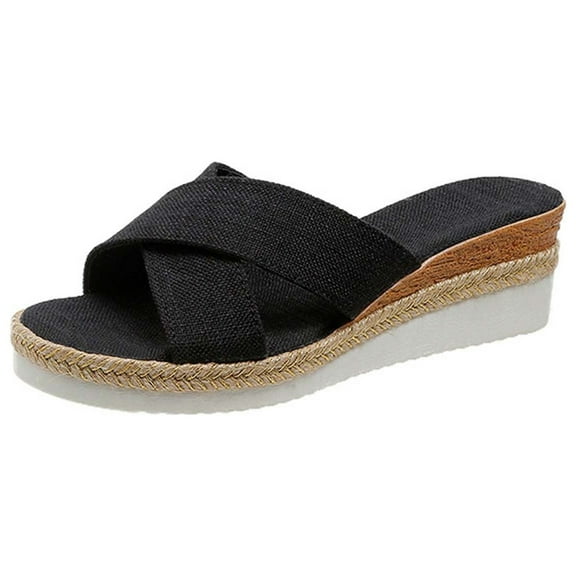 Anuirheih Clearance Slip on Sandals Women,Womens Summer Fashion Casual Slippers Open Toe Thick Bottom Flax Slippers(Black)