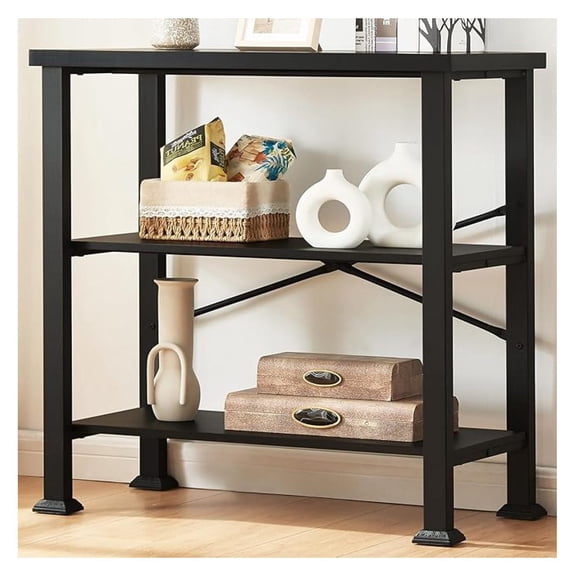 3 Tier Bookshelf,Black Industrial Book Shelf,Engineered Wood and Metal Deep Bookcases,Low Shelf Bookcase for Living Room,Office,Bedroom and Kitchen