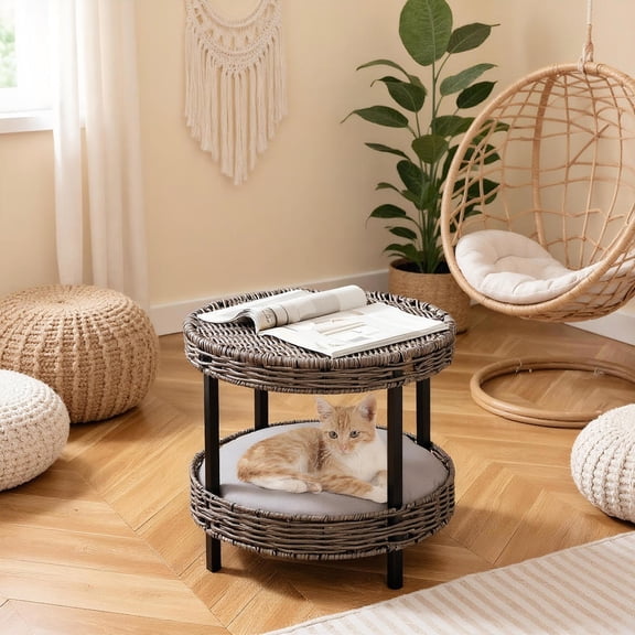 Yardi Yarda 2-tier Rattan Cat Nest with Removable Padded Cushion, Cat House, Cat Condos for Indoor Cats, Pet Furniture-Gray