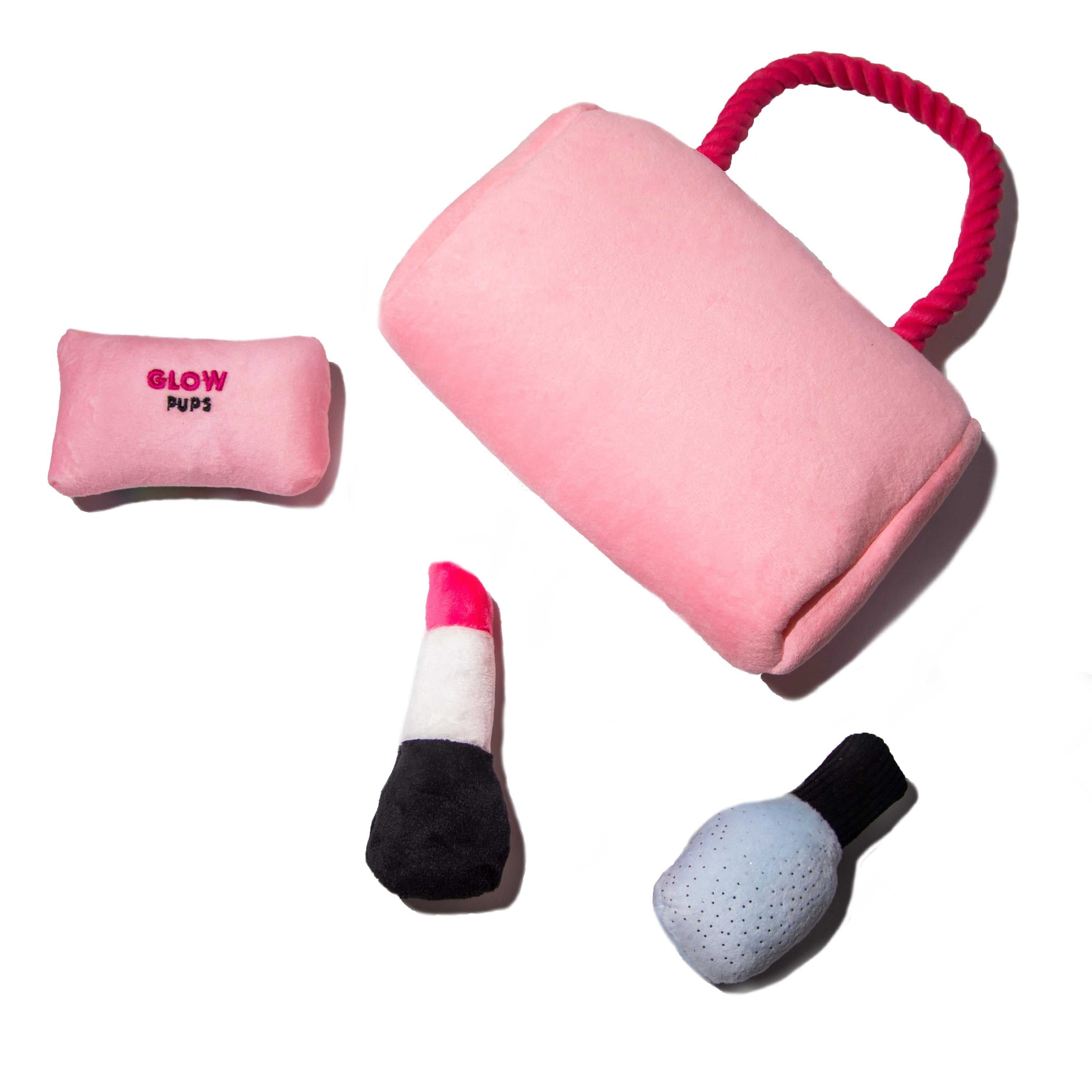 Glow Pups Washable Burrow & Hide and Seek Dog Toy with Plush Lipstick, Nail Polish and Cellphone, Pink Purse