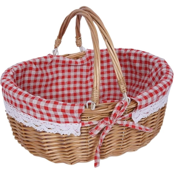 Willow Picnic Basket with Liner: Wicker Garden Harvest Basket with Liner & Handle, Natural Wicker Woven Empty Easter Basket for Egg Gifts Candy Fruit, Storage Basket Home Wedding Decor (Type P, Lagre