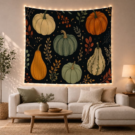 Six Pumpkins and Gourds on Black Background, Cozy Folk Art for Nature Lovers, Botanical Wall Art, Thanksgiving Gift Tapestry Wall Hanging for Living Room and Dorm