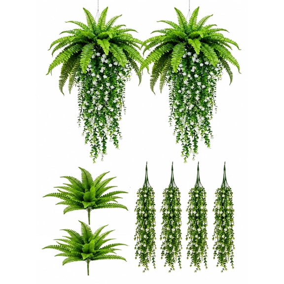 DAKIMOE 2Pcs Artificial Hanging Plants Flowers Set, Boston Ferns with Flowers Vines Faux Fake Plants for Living Room Bedroom Boho Wall Shelf Wedding Party Indoor Patio Porch Outdoor Home Decor