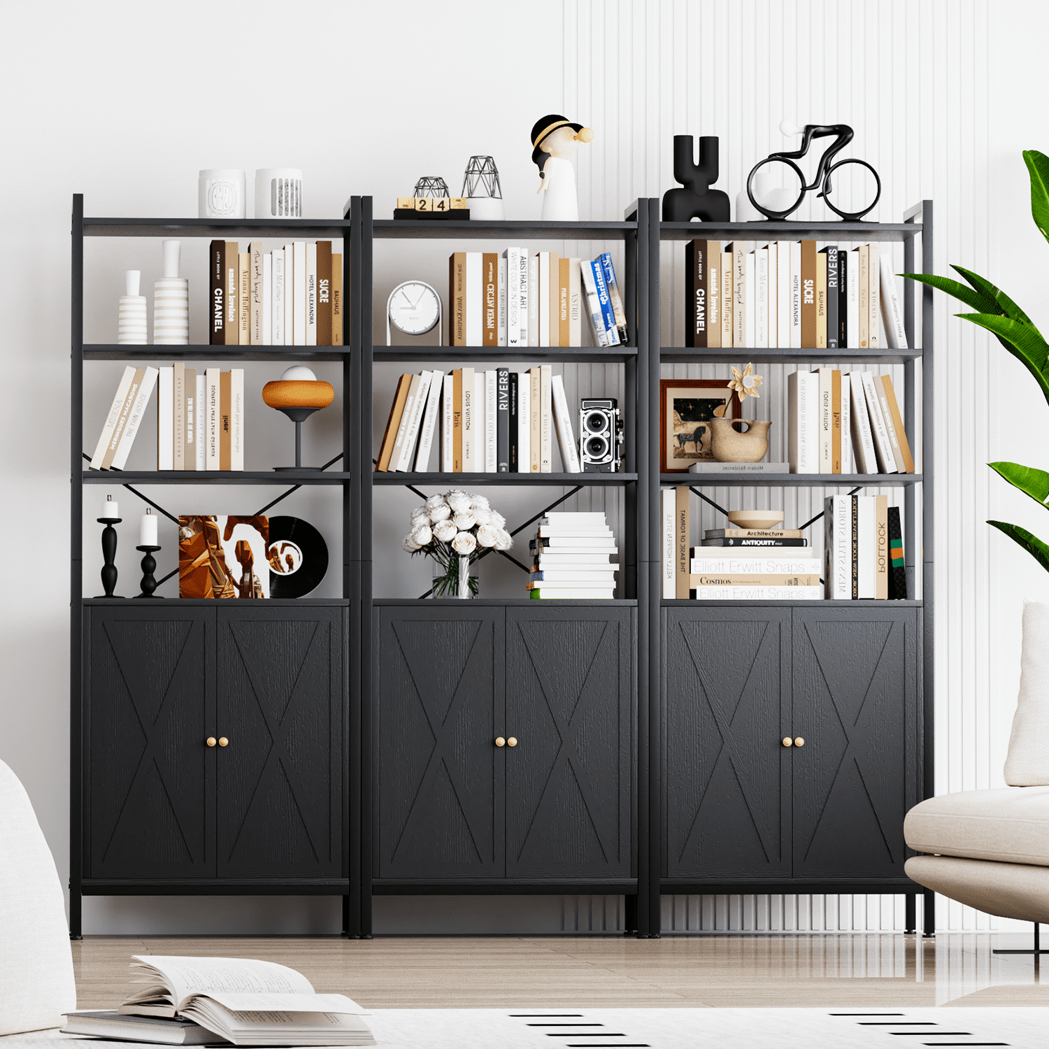 MONVANE Farmhouse Bookshelf and Bookcase with Doors, Crosshatch Design, 4 Shelves, 1 Pack, Black