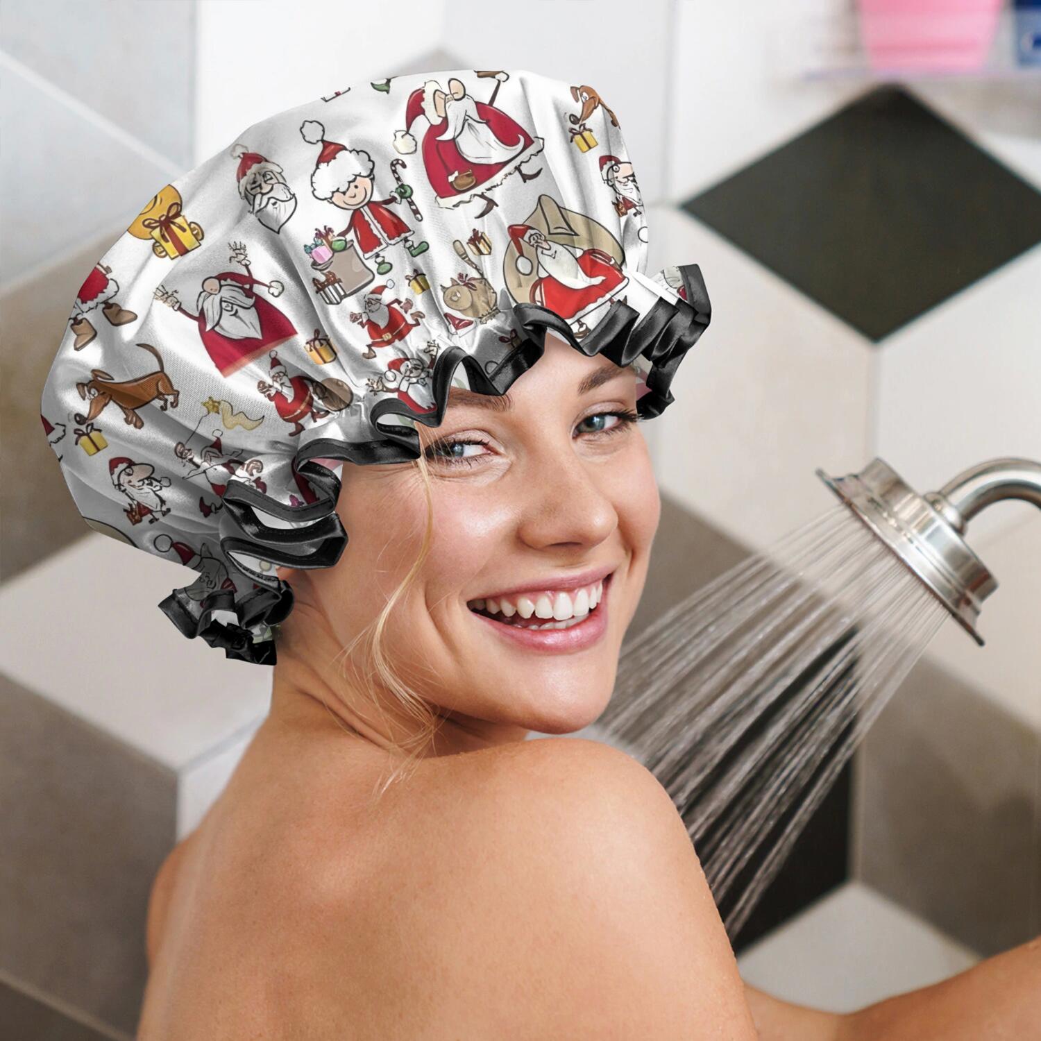 Shower Caps,White Christmas Santa and Character Pattern Waterproof Shower Cap for Women 4 Pieces,Double Reusable Hair Cover for Shower PEVA Elastic Stretch Hem