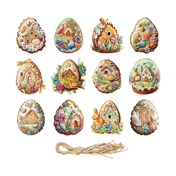12Pc Easter Party Decorations Bunny Carnival Hanging Ornaments, Painted Egg Pendants 2D Easter Egg Decorations, For Home Garden Party Decoration With Bunny Floral Carnival Design
