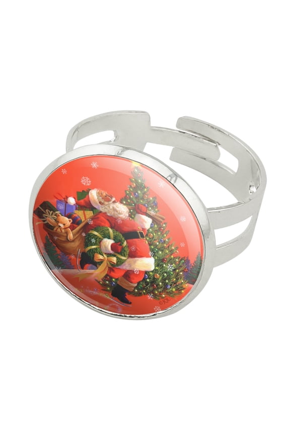 Christmas Holiday Santa Skating Toys Tree Silver Plated Adjustable Novelty Ring