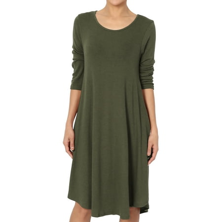 Flared Knot - TheMogan Women's & Plus 3/4 Sleeve Soft Hacci Knit Fit and Flare Dress W Pocket