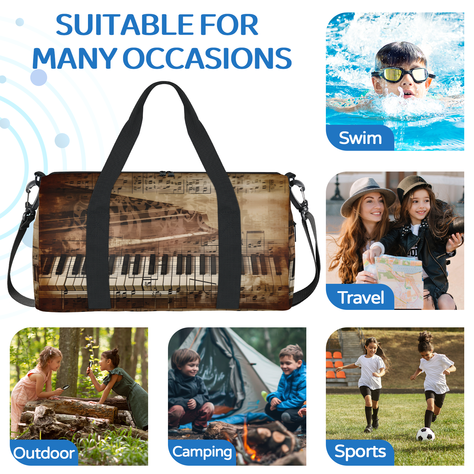 Herdesigns Piano Keys Gym Bag for Women, Duffle Bag for Travel Sport, Music Note Theme Lightweight Waterproof Carry on Weekender Dance Yoga Workout Bags