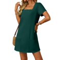 thumbnail image 2 of Womens Solid Color Casual Summer Square Neck Short Sleeve Mini Dresses with Pockets Green XXL, 2 of 9
