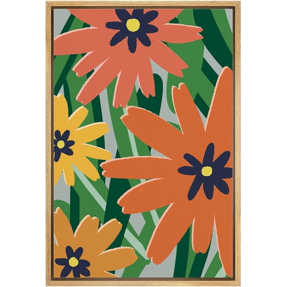 IDEA4WALL Framed Canvas Wall Art Orange & Yellow Collage Floral Digital Art Pastel Flowers Abstract Print Colorful Botanical Artwork Relax/Calm for Living Room, Bedroom, Office - Natural 24"x36"