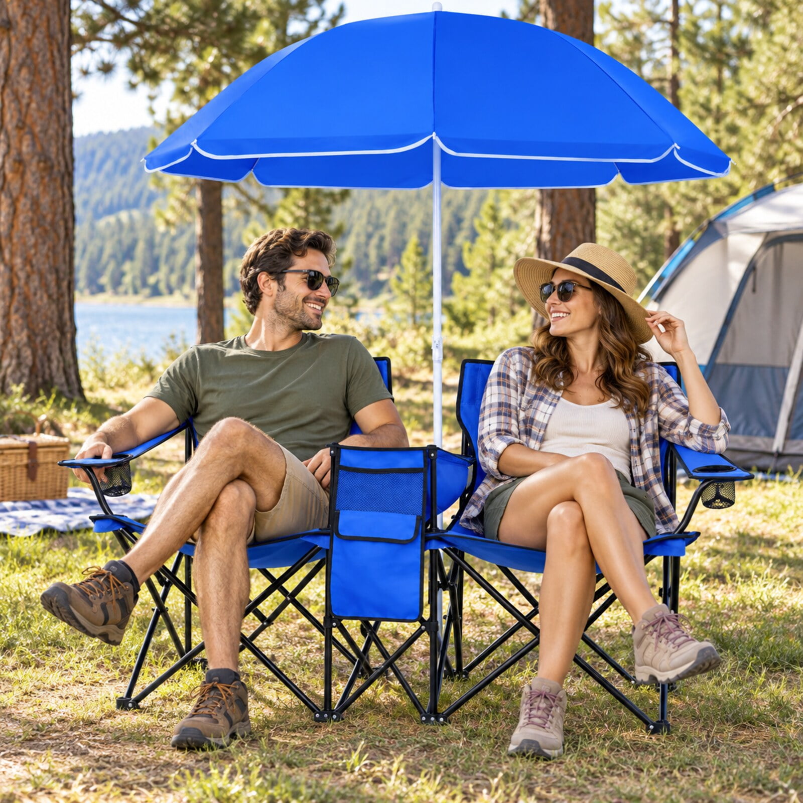 Costway Folding Double Camping Chair with Umbrella, Cooler and