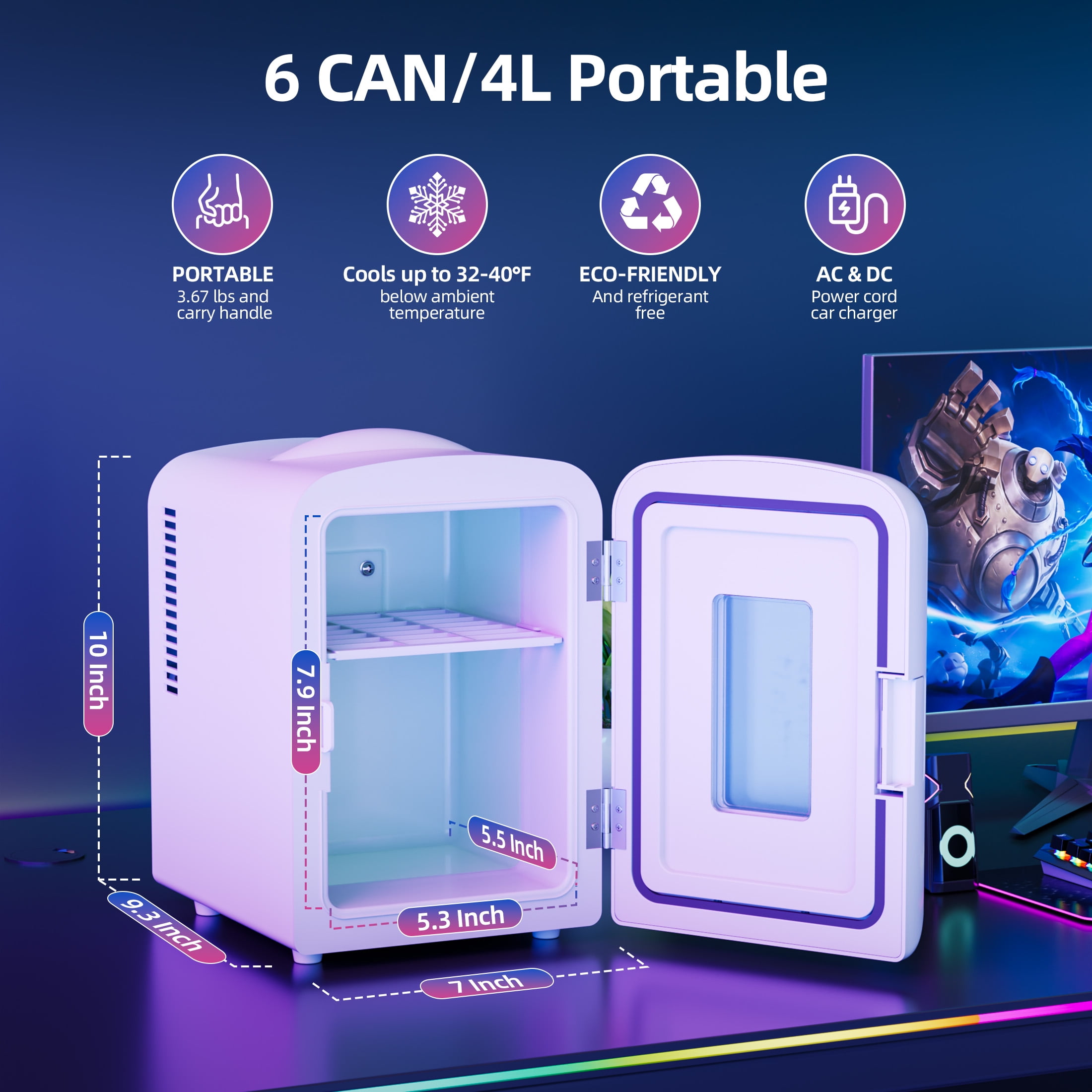 Auseo 4L Mini Fridge Personal with LED, Portable Cooler for Bedroom, Office, Car, Small Refrigerator for Skincare, Drinks & Gaming Room, AC/DC Powered, White