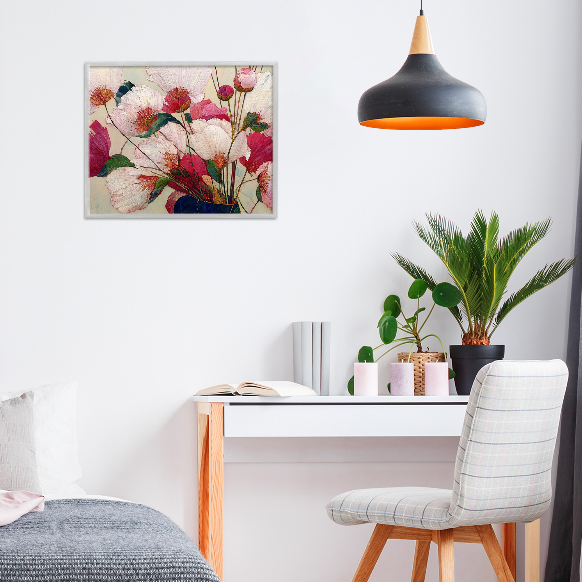 Lush Haiku Pink & White Flowers Gray Framed Giclee Art, design by Annabelle Hall