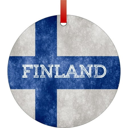 Finland Ribbons - Finland Grunge Flag - Rosie Parker Inc. TM - Double-Sided Round-Shaped Flat Aluminum Christmas Holiday Hanging Ornament with a Red Satin Ribbon. Made in the USA!