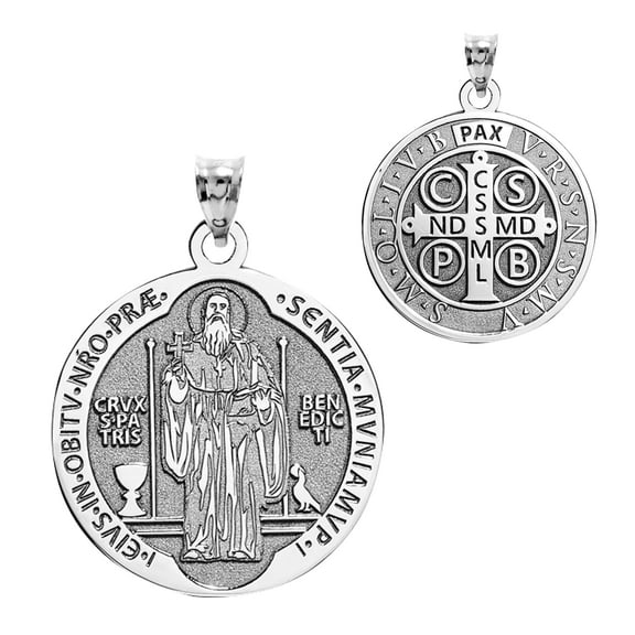 Picturesongold.Com Saint Benedict Round Religious Medal Necklace Pendants Unisex Adult 10k White Gold 2/3x2/3in