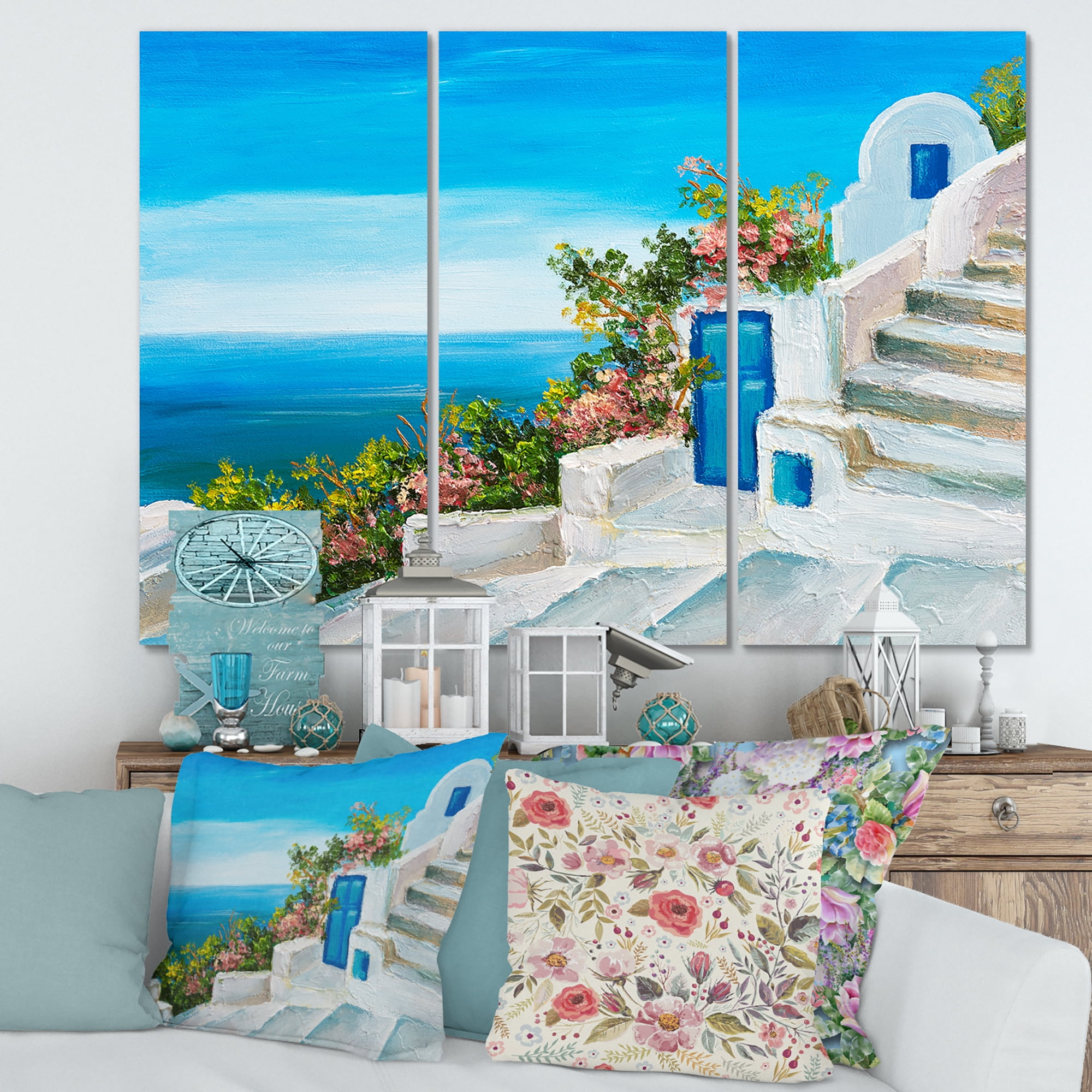 Designart ' House With Colorful Flowers Near The Sea IV ' Nautical & Coastal Canvas Wall Art Print