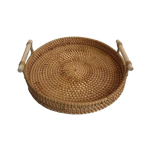 Under 10 Food Storage Round Serving Tray Hand Woven Rattan Tray Serving Tray with Handles Wicker Tray Basket Tray for Bread Fruit Food Coffee Breakfast Display
