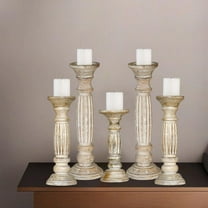 Traditional Antique White Eco-friendly Handmade Mango Wood Set Of Five 15",12",9",12" & 15" Pillar Candle Holder for use, Living Room, Dinning Room, Study Room, Spa, Restaurants, Place Of Worship