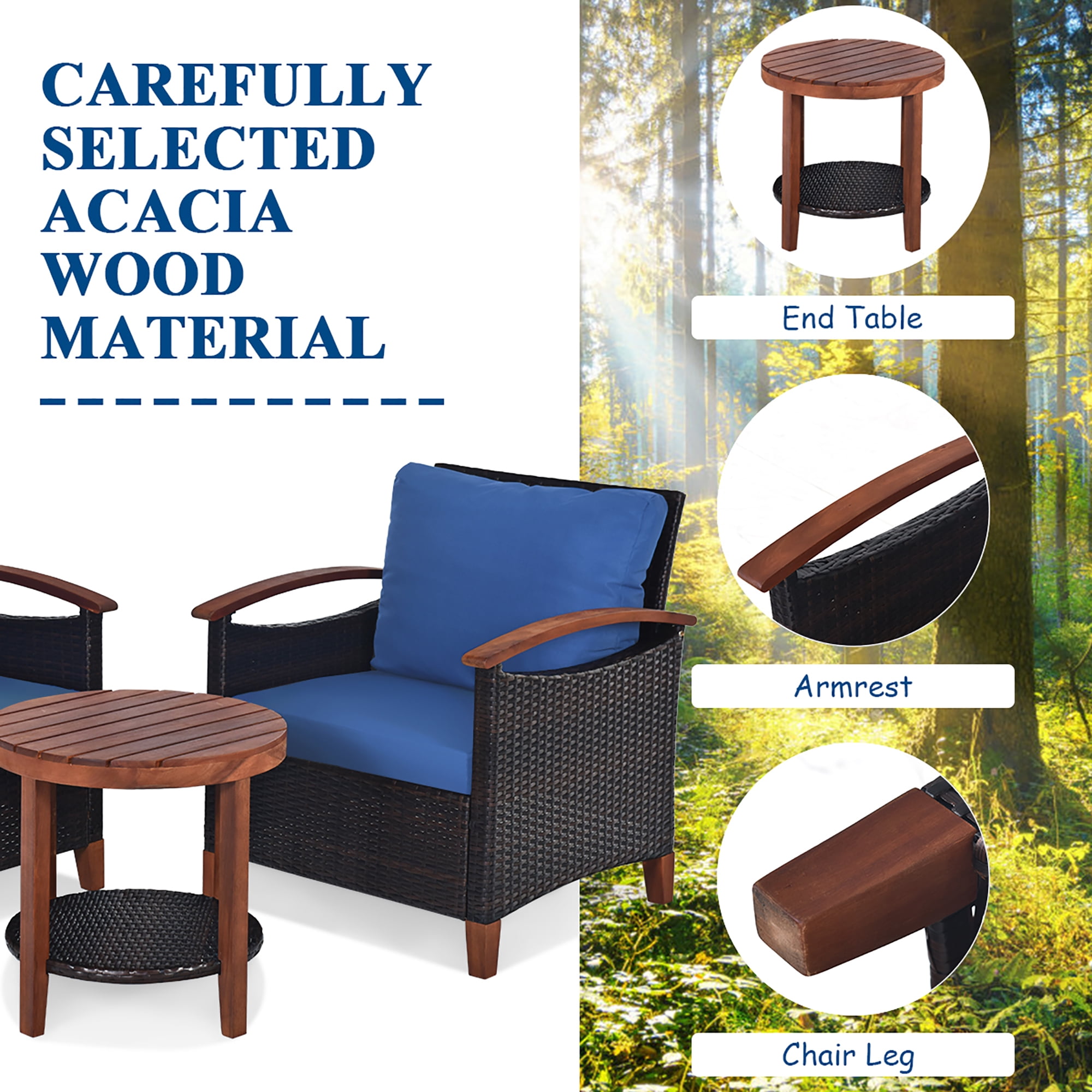 Costway 3PCS Patio Rattan Furniture Set Solid Wood Frame Cushion Sofa Round Table Shelf
