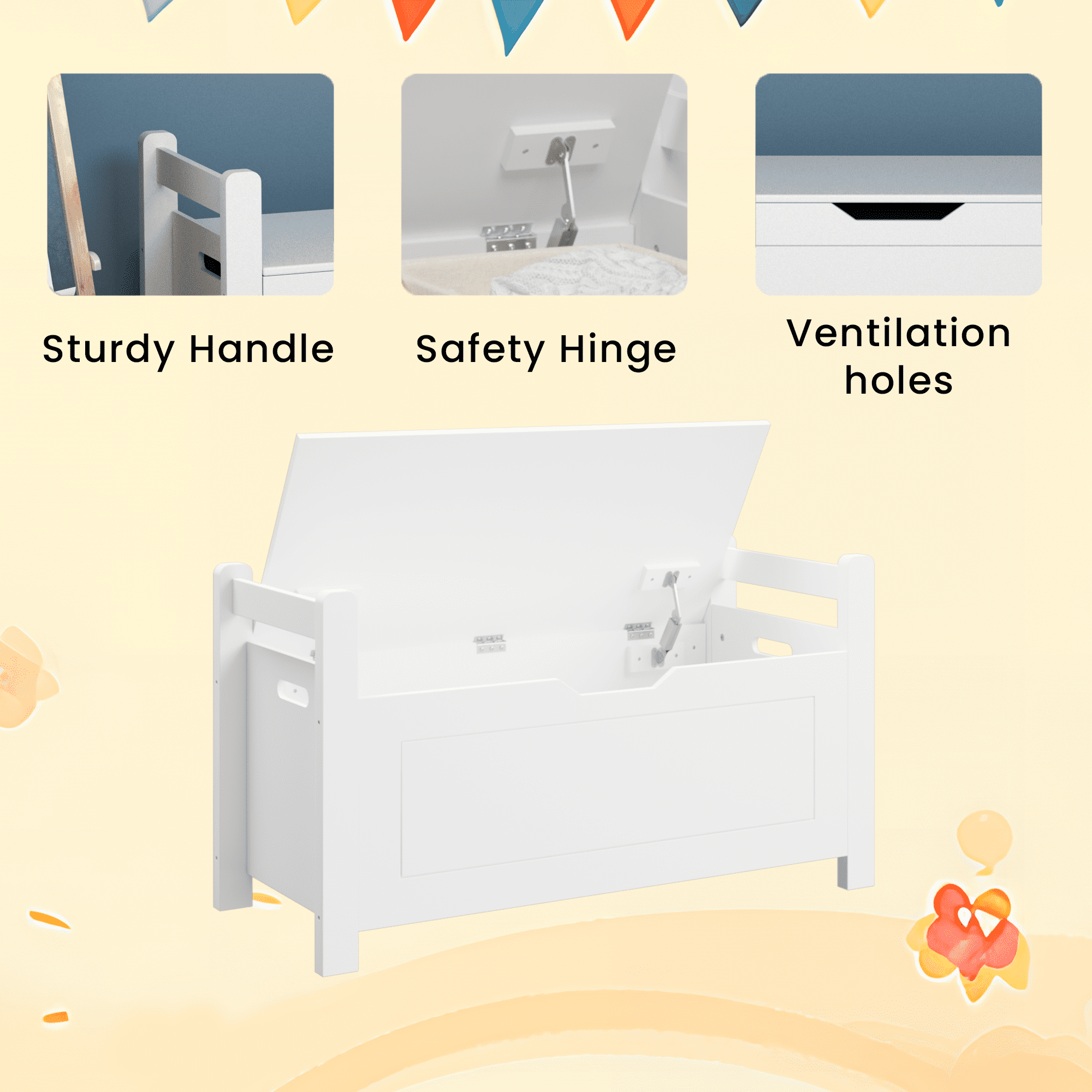 Toy Box for Girls & Boys, Wooden Toy Storage Chest for Kids 150 lbs, Porch Entryway Storage Trunk for Toy Clothes Bedroom Living Room, White
