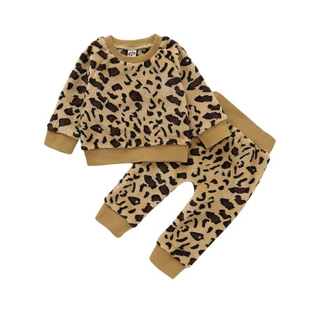 

Kucnuzki 6 Months Baby Girl Fall-Winter Outfits Pants Sets 9 Months Long Sleeve Leopard Prints Fluffy Tops Elastic Fluffy Pants 2PCS Set Yellow